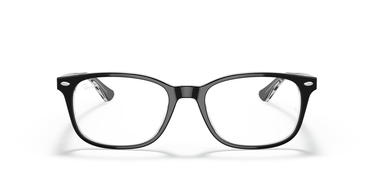 Black prescription eyewear frames, front view with rectangular lenses and bridge detail