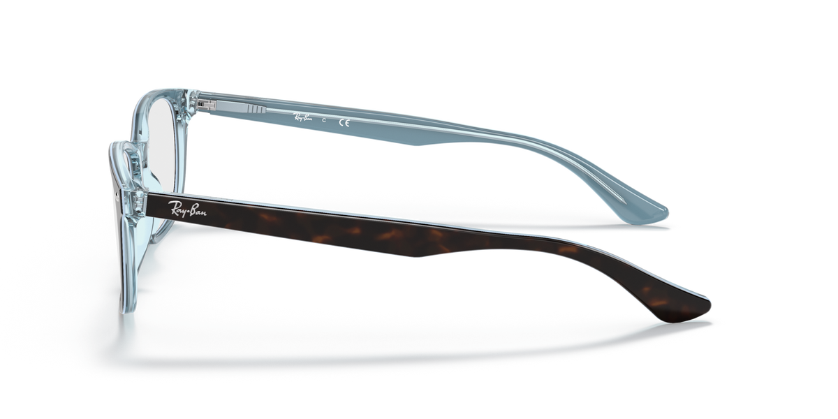 Ray-Ban RX5375 prescription glasses, side profile of light blue full-rim frames