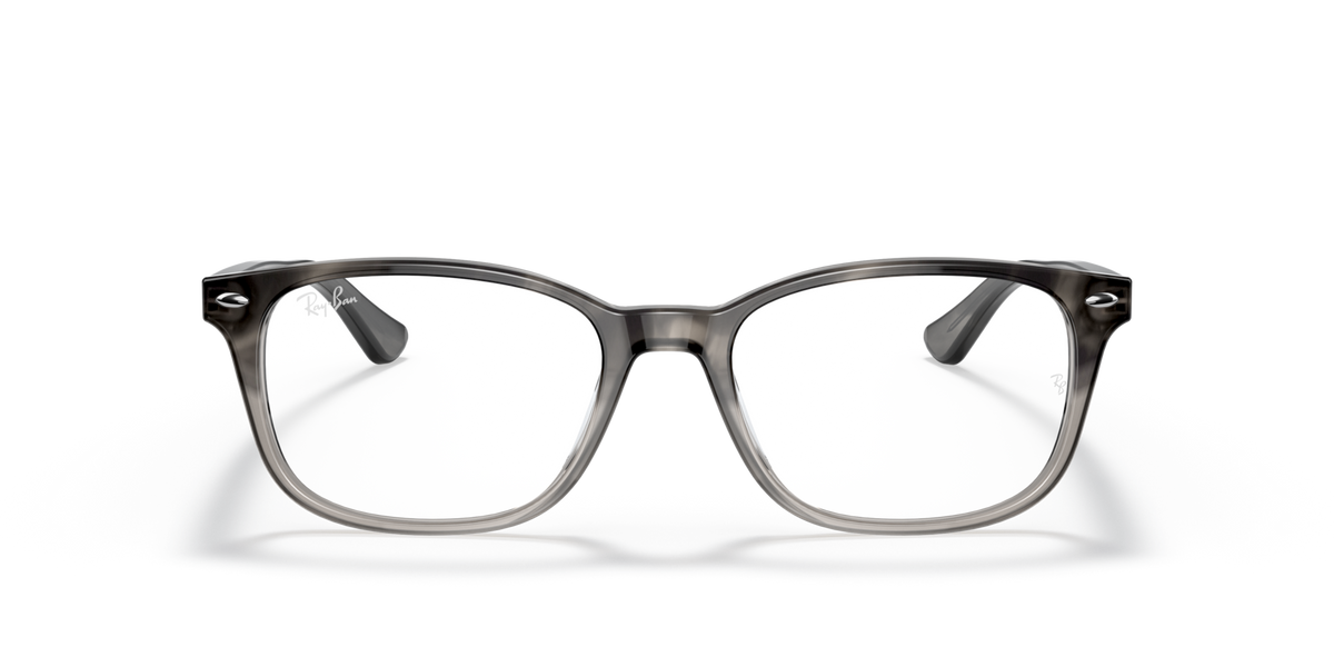 Prescription eyewear frames with dark gray rectangular frames and clear lenses