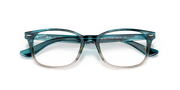 Prescription eyewear frames top view with translucent turquoise frames and clear lenses