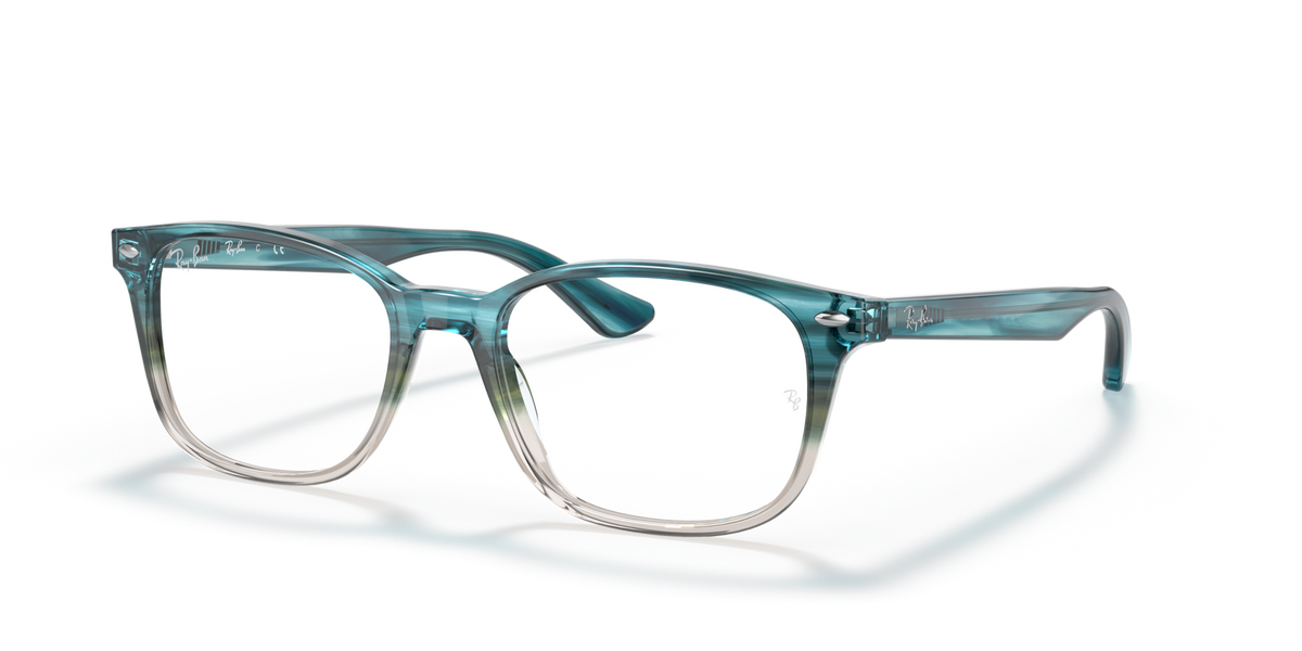 Prescription eyewear frames with translucent turquoise full-rim and clear lenses