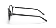 Black prescription eyewear frames from the side view with thin metal temples