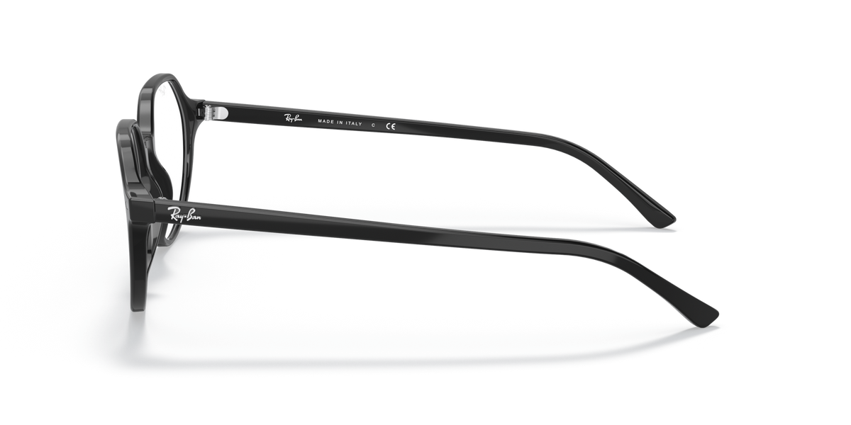 Black prescription eyewear frames from the side view with thin metal temples