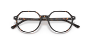 Round prescription eyeglass frames in havana stripes with printed temple markings