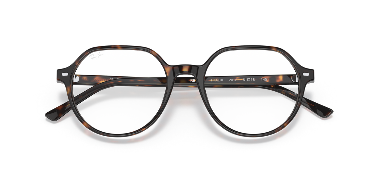 Round prescription eyeglass frames in havana stripes with printed temple markings