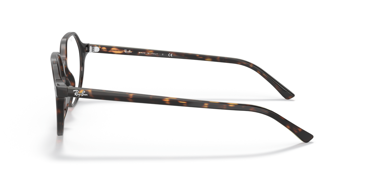 Side view of havana striped prescription eyeglass frames with slim metal temples