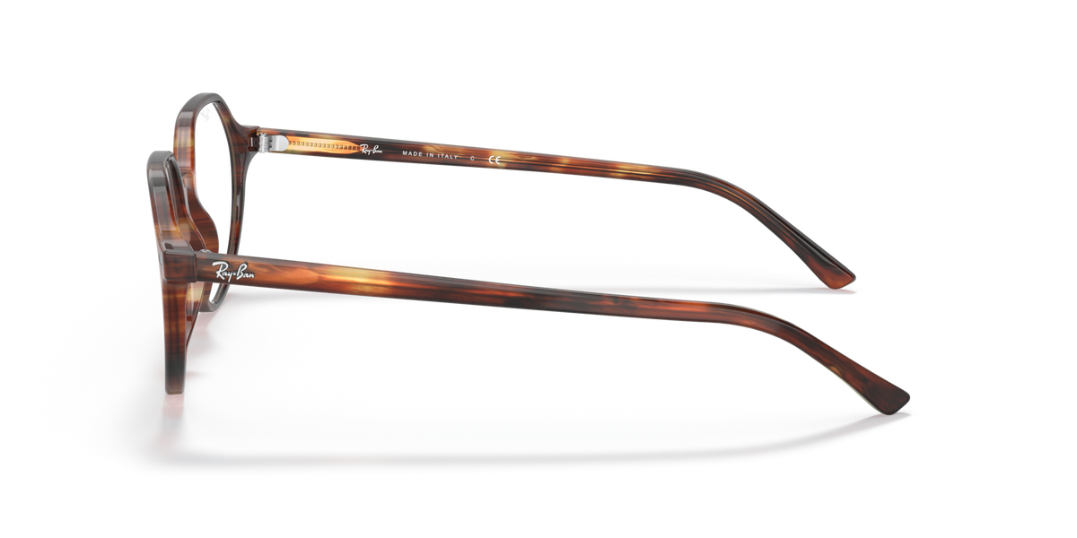 Side profile of havana striped prescription eyeglass frames with metal temple tips