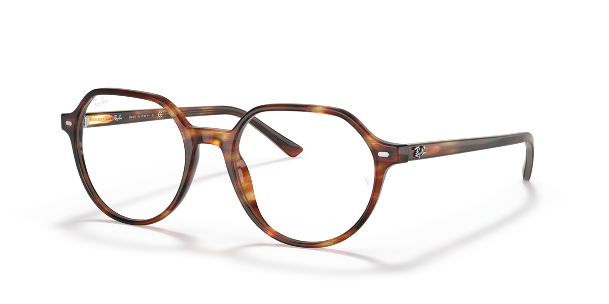 Angled front view of havana striped prescription eyeglass frames with metal temples