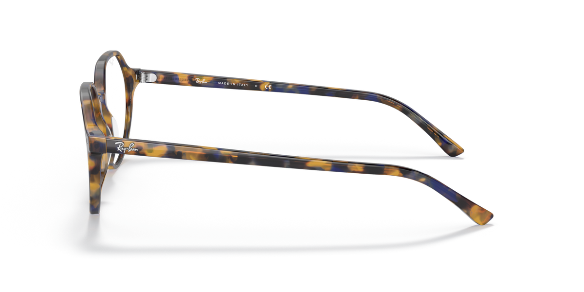 Havana striped eyeglass frames, side profile with slim metal arms and temple tips