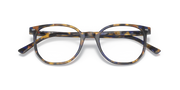 Striped acetate eyeglass frames with square-round lenses, close front view