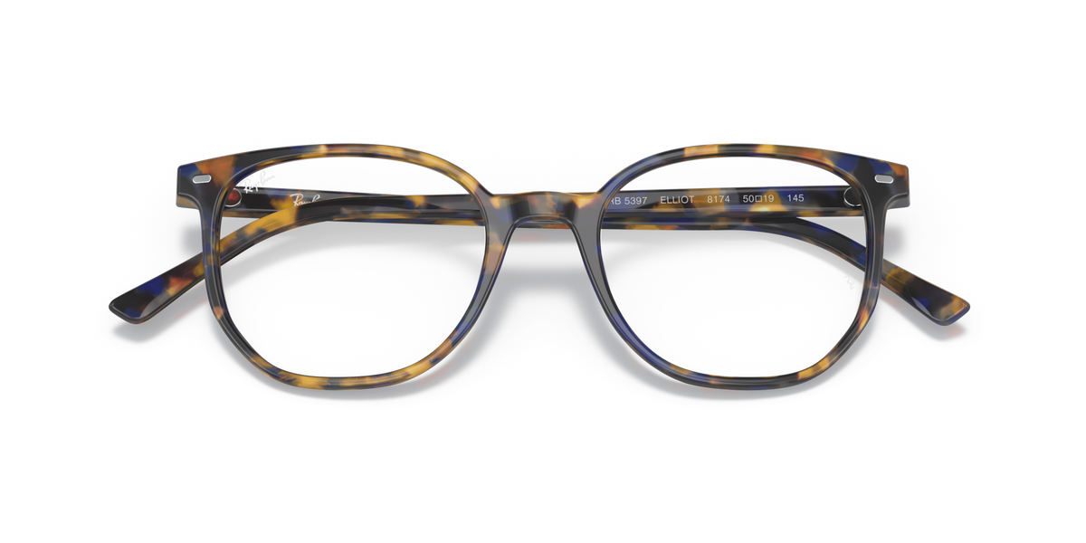 Striped acetate eyeglass frames with square-round lenses, close front view