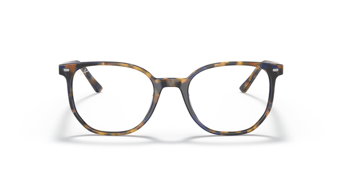 Striped acetate eyeglass frames with square-round lenses, front view