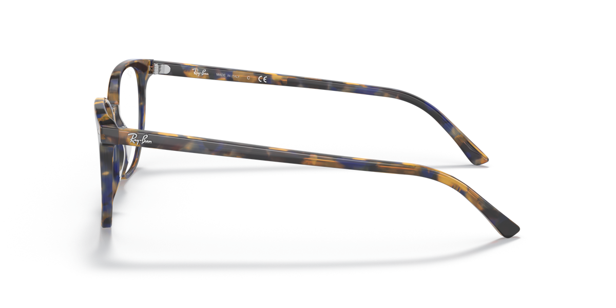 Striped acetate eyeglass frames, side profile with straight temple and lens