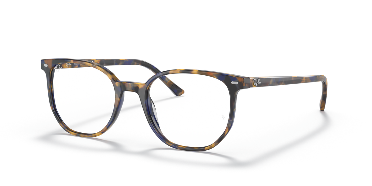 Striped acetate eyeglass frames with square-round lenses, dark tortoise-style