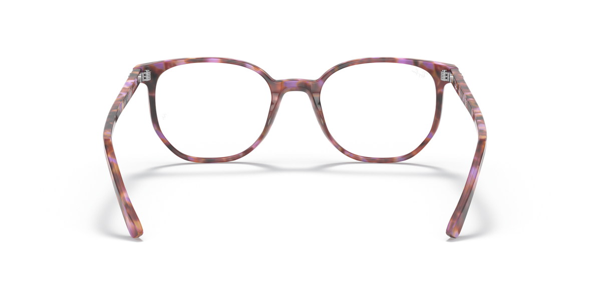 Red-toned striped acetate eyeglass frames with square-round lenses, front view