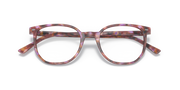 Red-toned striped acetate eyeglass frames with square-round lenses, front view