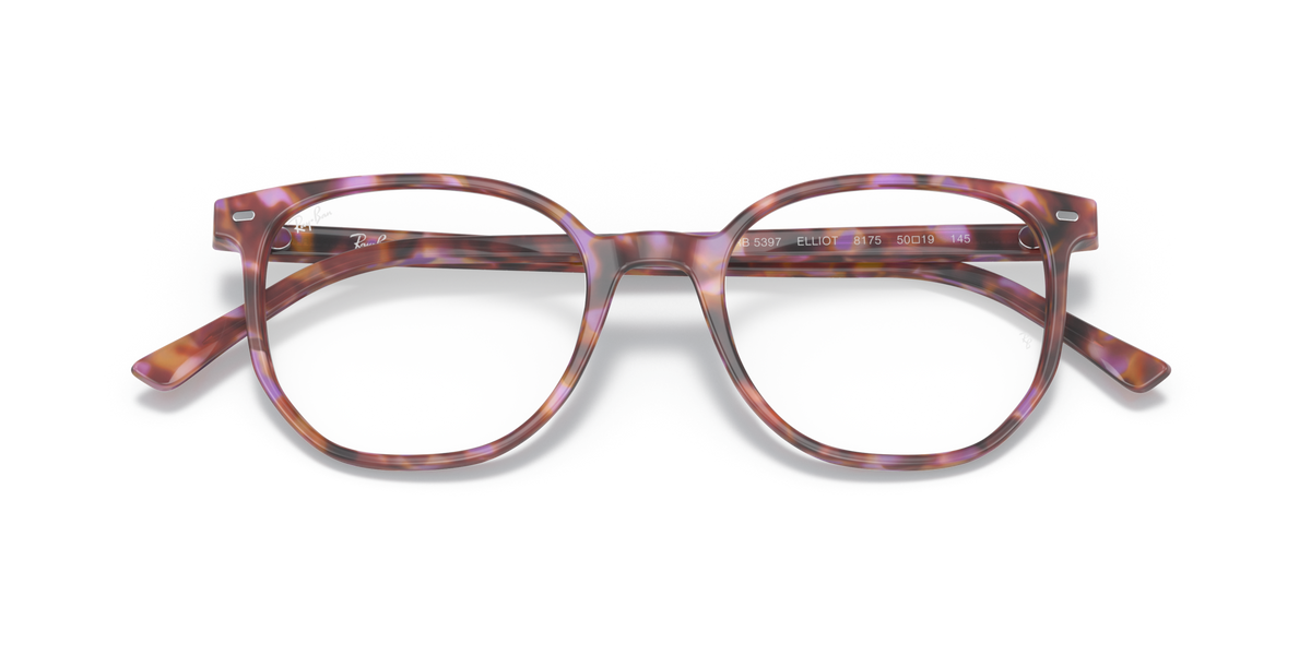 Red-toned striped acetate eyeglass frames with square-round lenses, front view