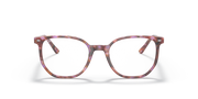 Red-toned striped acetate eyeglass frames with square-round lenses, front view