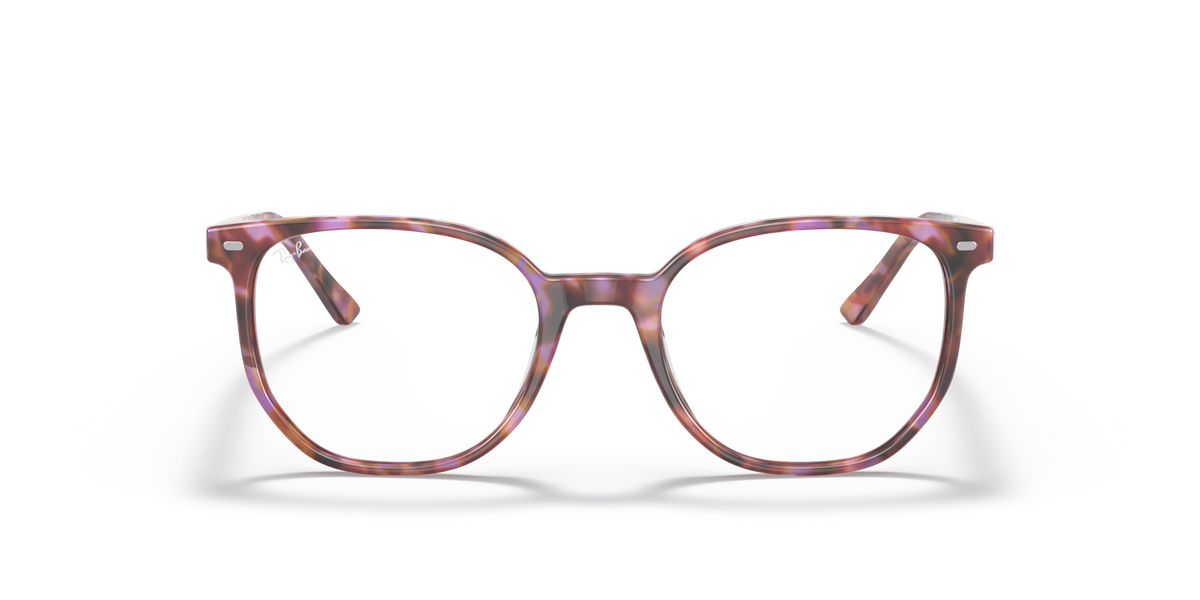 Red-toned striped acetate eyeglass frames with square-round lenses, front view
