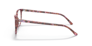 Red-toned striped acetate eyeglass frames, side profile with long temple