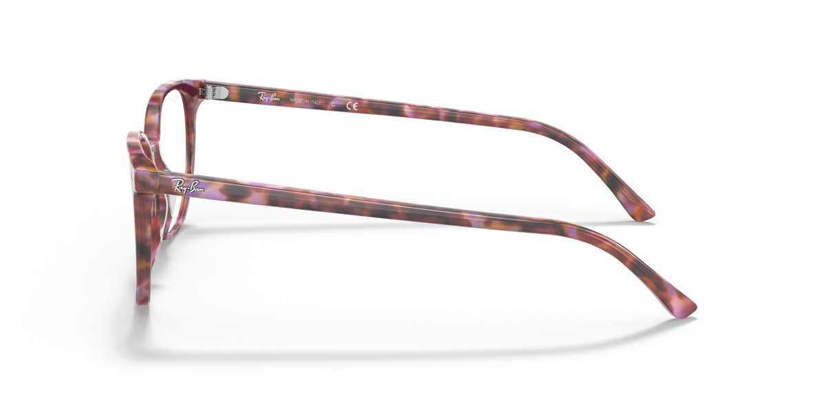 Red-toned striped acetate eyeglass frames, side profile with long temple