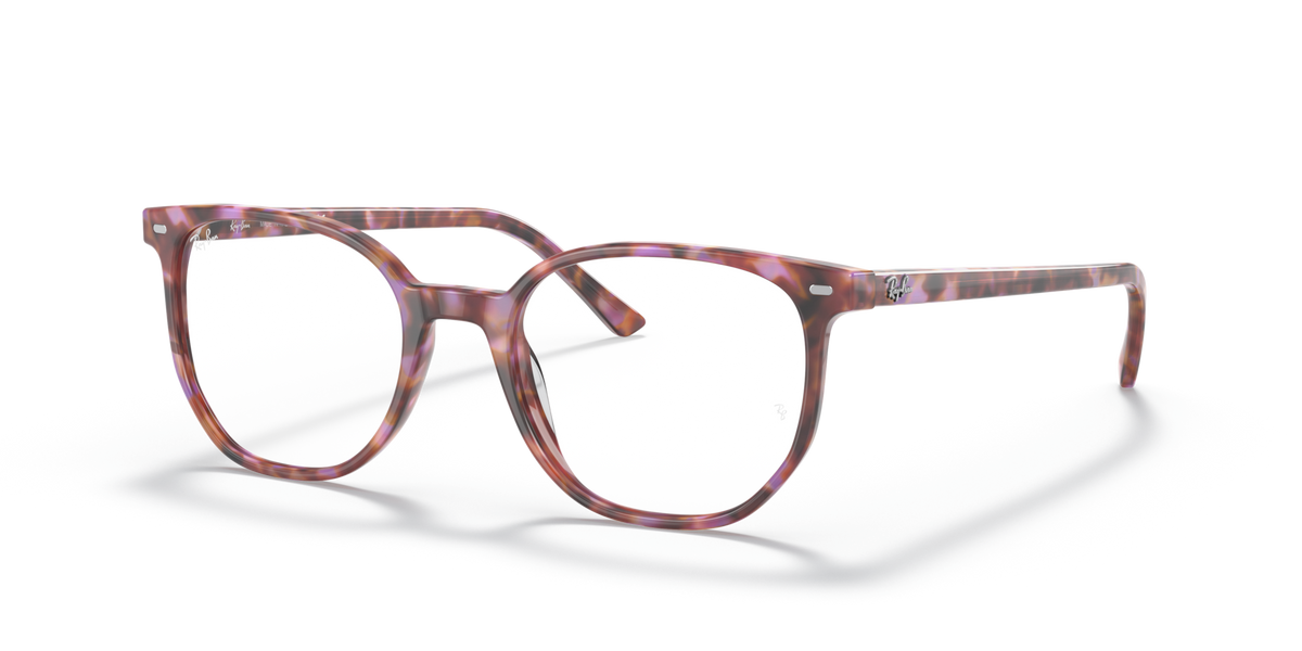 Striped acetate eyeglass frames with square-round lenses, red-toned tortoise-style