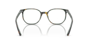 Dark multicolor eyeglass frames with rounded rectangular lenses and hinged temple arms