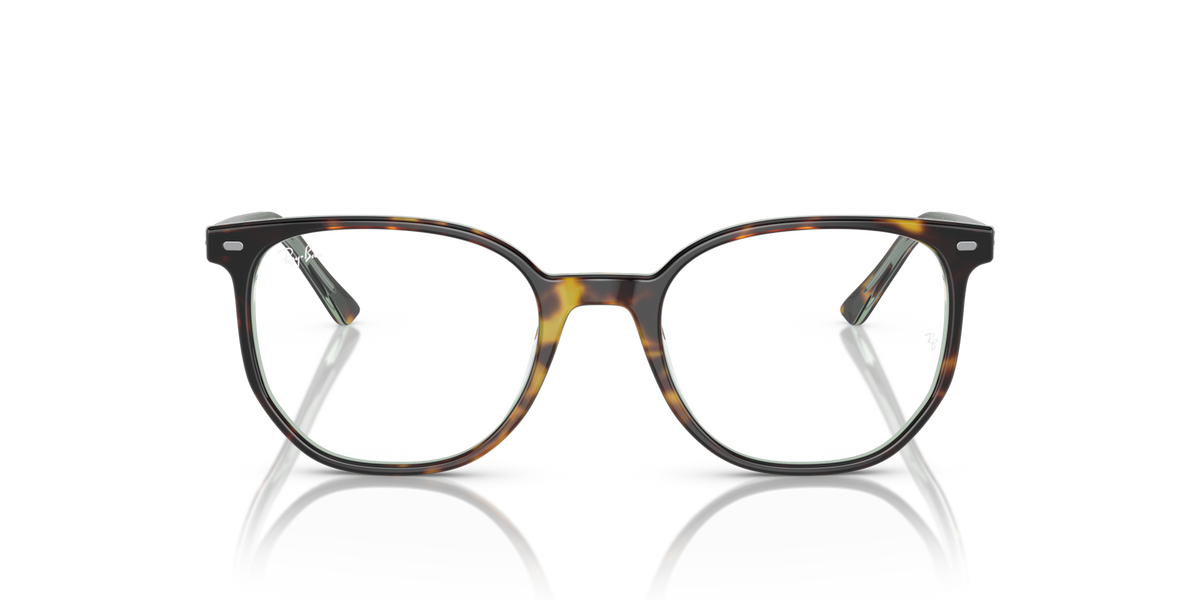 Dark multicolor striped eyeglass frames with square round lenses and metal hinges