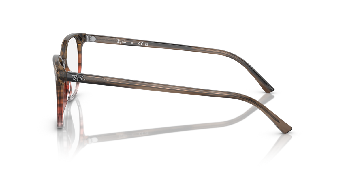 Ray-Ban prescription eyeglass frames, side profile in striped brown gradient