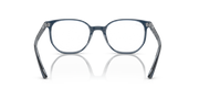 Blue-gray eyeglass frames with rounded rectangular lenses and articulated temple hinges
