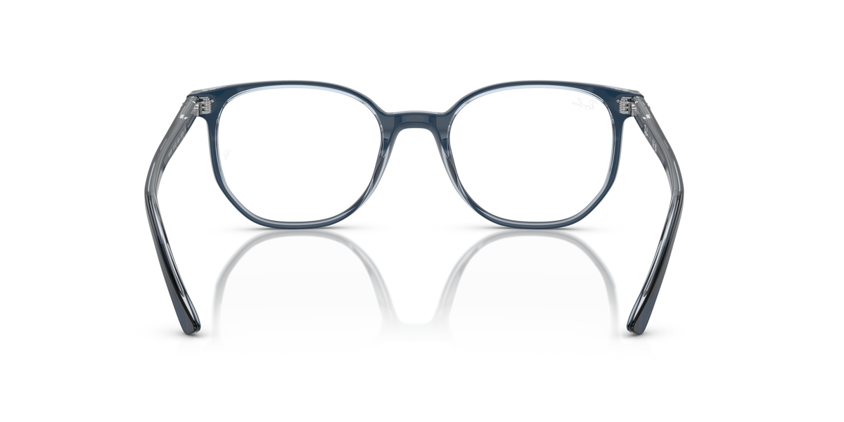 Blue-gray eyeglass frames with rounded rectangular lenses and articulated temple hinges