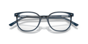 Blue-gray striped eyeglass frames with round rectangular lenses and slim metal temples