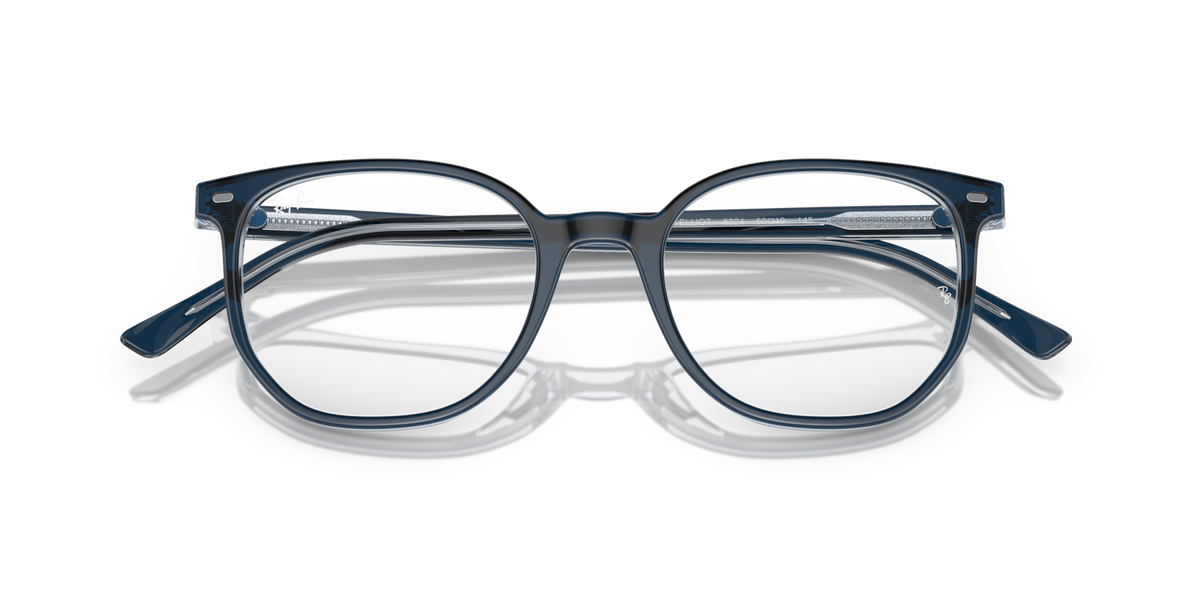 Blue-gray striped eyeglass frames with round rectangular lenses and slim metal temples