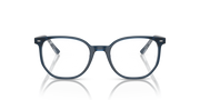 Blue-gray eyeglass frames with rounded rectangular lenses and slim metal temple arms