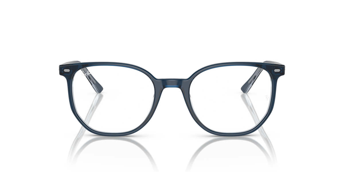 Blue-gray eyeglass frames with rounded rectangular lenses and slim metal temple arms