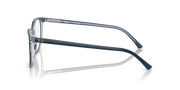 Blue-gray eyeglass frames side view with metal temples and rounded rectangular lens shape