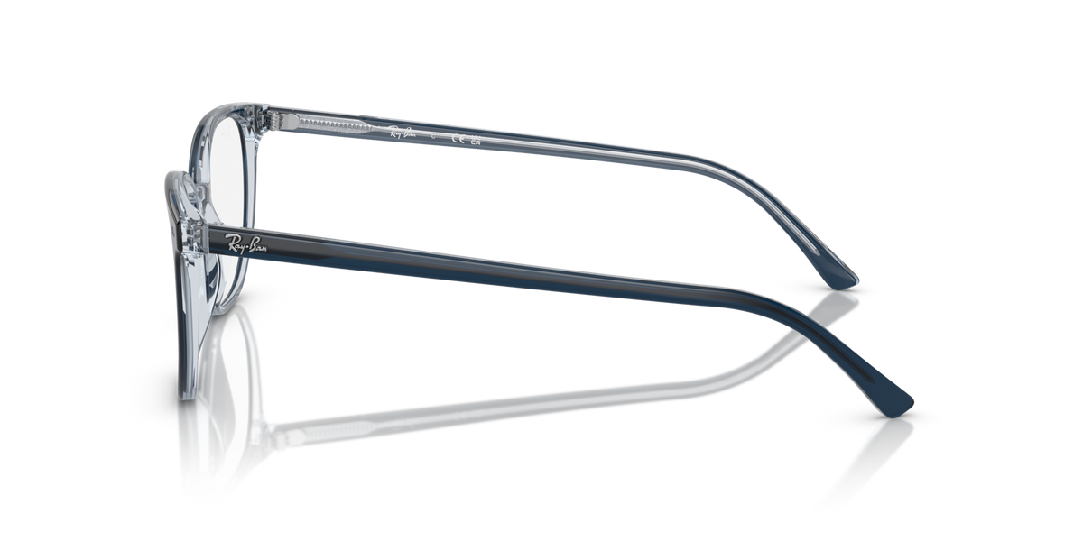 Blue-gray eyeglass frames side view with metal temples and rounded rectangular lens shape