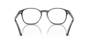 Prescription eyeglass frames, dark gray, rear/underside view showing both hinges