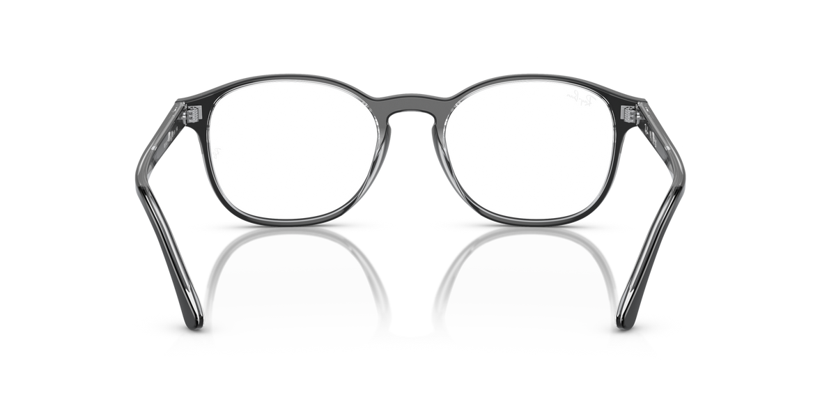 Prescription eyeglass frames, dark gray, rear/underside view showing both hinges