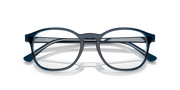 Prescription eyewear frames, blue translucent with white lenses and curved brow