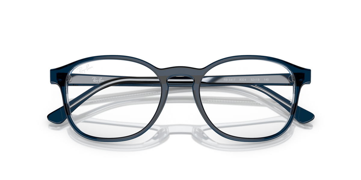 Prescription eyewear frames, blue translucent with white lenses and curved brow
