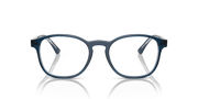 Prescription eyewear frames, blue rectangular with white lenses and dark details
