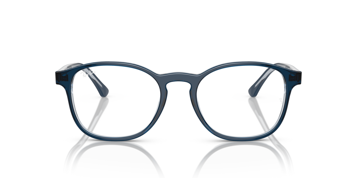Prescription eyewear frames, blue rectangular with white lenses and dark details