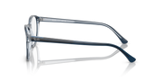 Prescription eyewear frames, blue side view with metal temples and hinge details