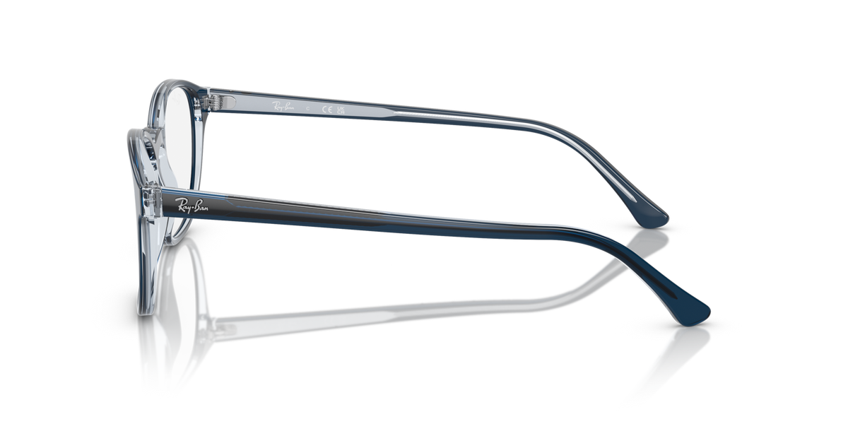 Prescription eyewear frames, blue side view with metal temples and hinge details