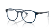 Prescription eyewear frames, blue translucent with white lenses and metal hinges