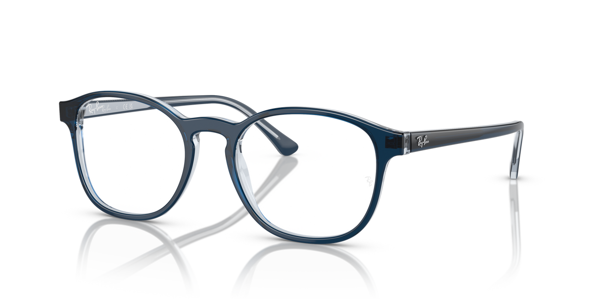 Prescription eyewear frames, blue translucent with white lenses and metal hinges