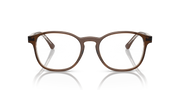 Prescription eyewear frames, brown rectangular with white lenses and dark arms