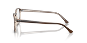 Prescription eyewear frames, brown side view with metal temples and hinge details