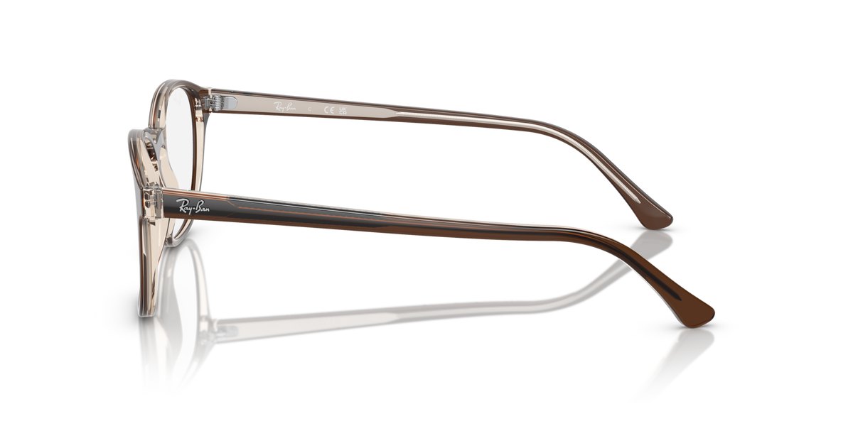 Prescription eyewear frames, brown side view with metal temples and hinge details